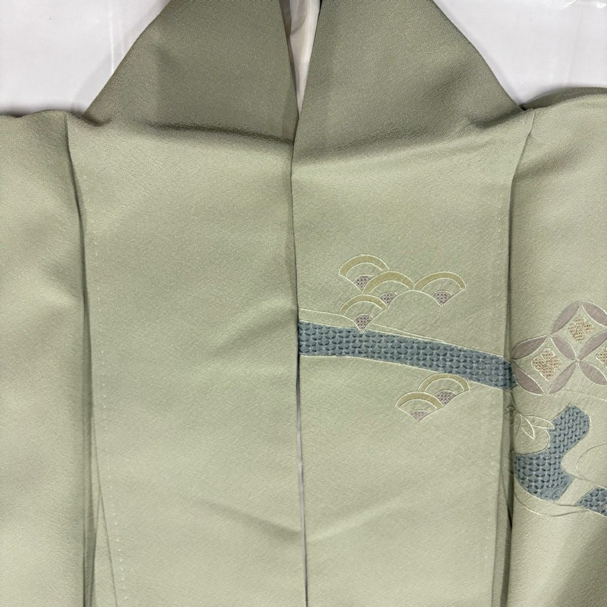 訪問服 身長153cm 袖長64.5cm M 雙層 向鳥 七寶紋 刺繡 金彩裝飾 灰綠 純蠶絲 秀品級