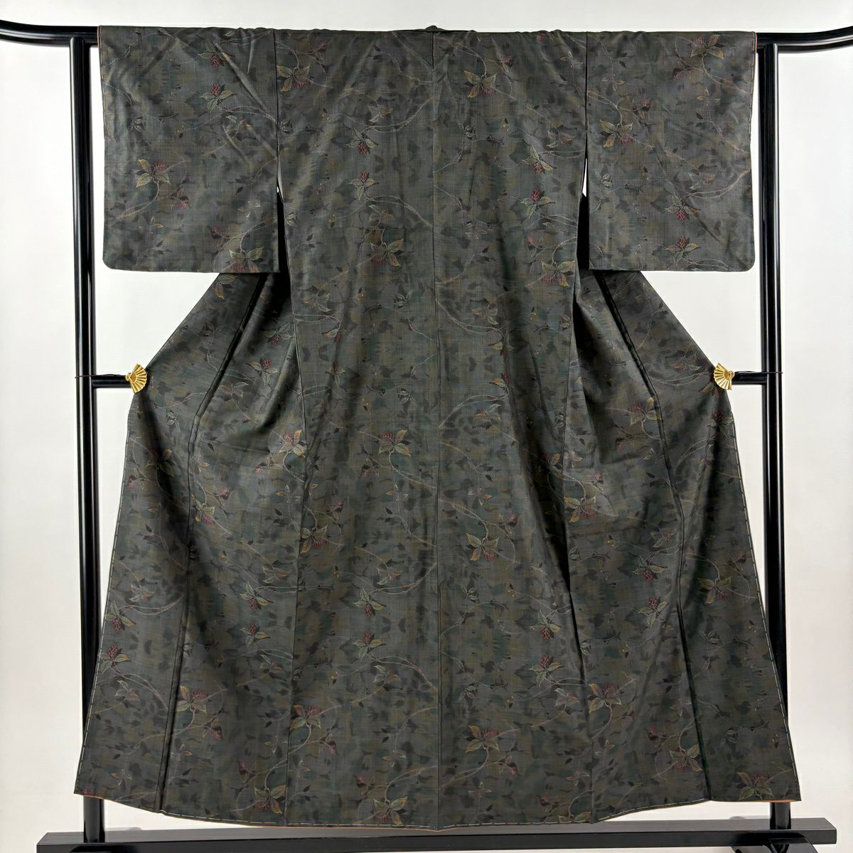 【美品】 紬織 身長155cm 袖長62cm S 雙層 葉與果實 墨色 純蠶絲 優品級