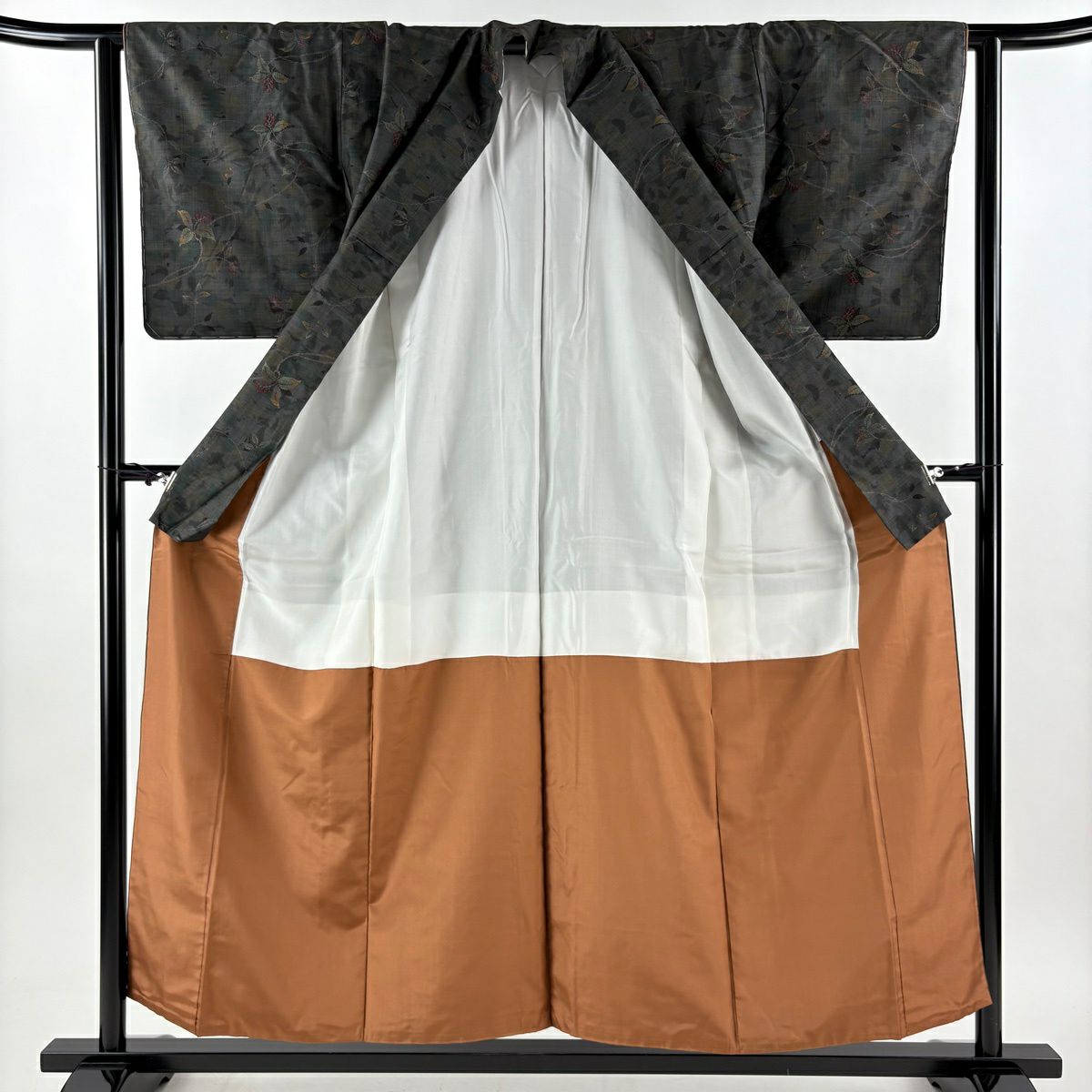 【美品】 紬織 身長155cm 袖長62cm S 雙層 葉與果實 墨色 純蠶絲 優品級