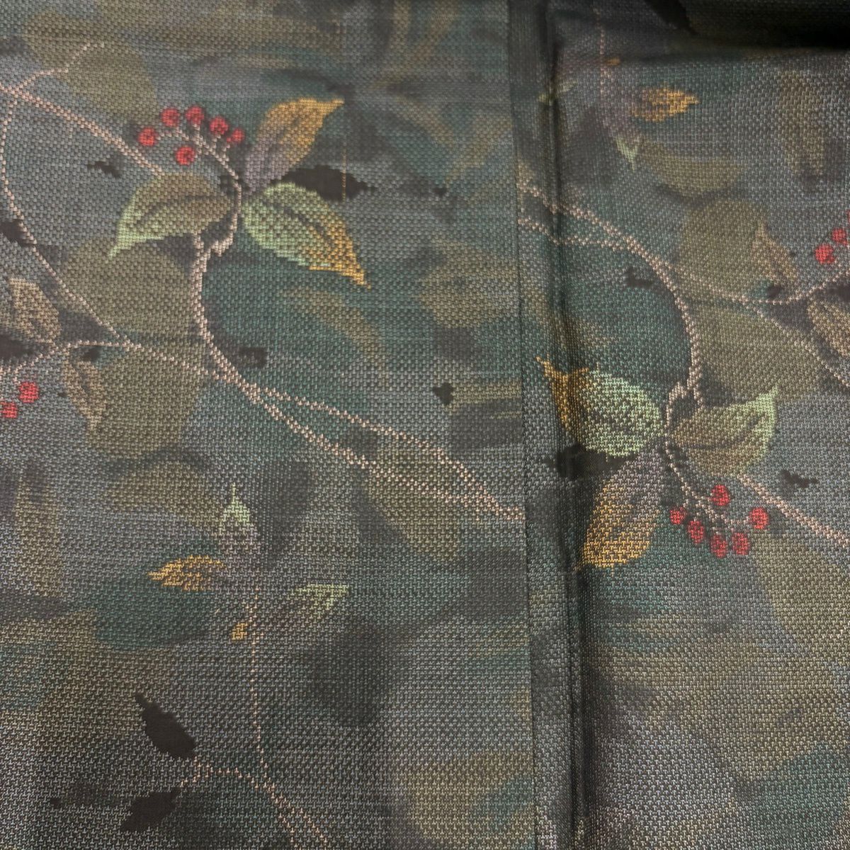 【美品】 紬織 身長155cm 袖長62cm S 雙層 葉與果實 墨色 純蠶絲 優品級