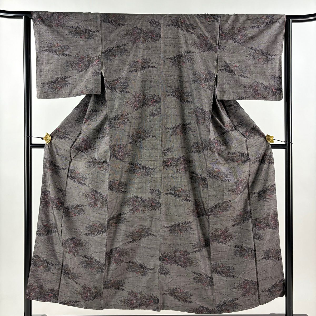 【美品】 大島紬織 身長152cm 袖長63.5cm S 雙層 證書附帶 草花紋紋 雲文 墨 黑 純蠶絲 秀品級