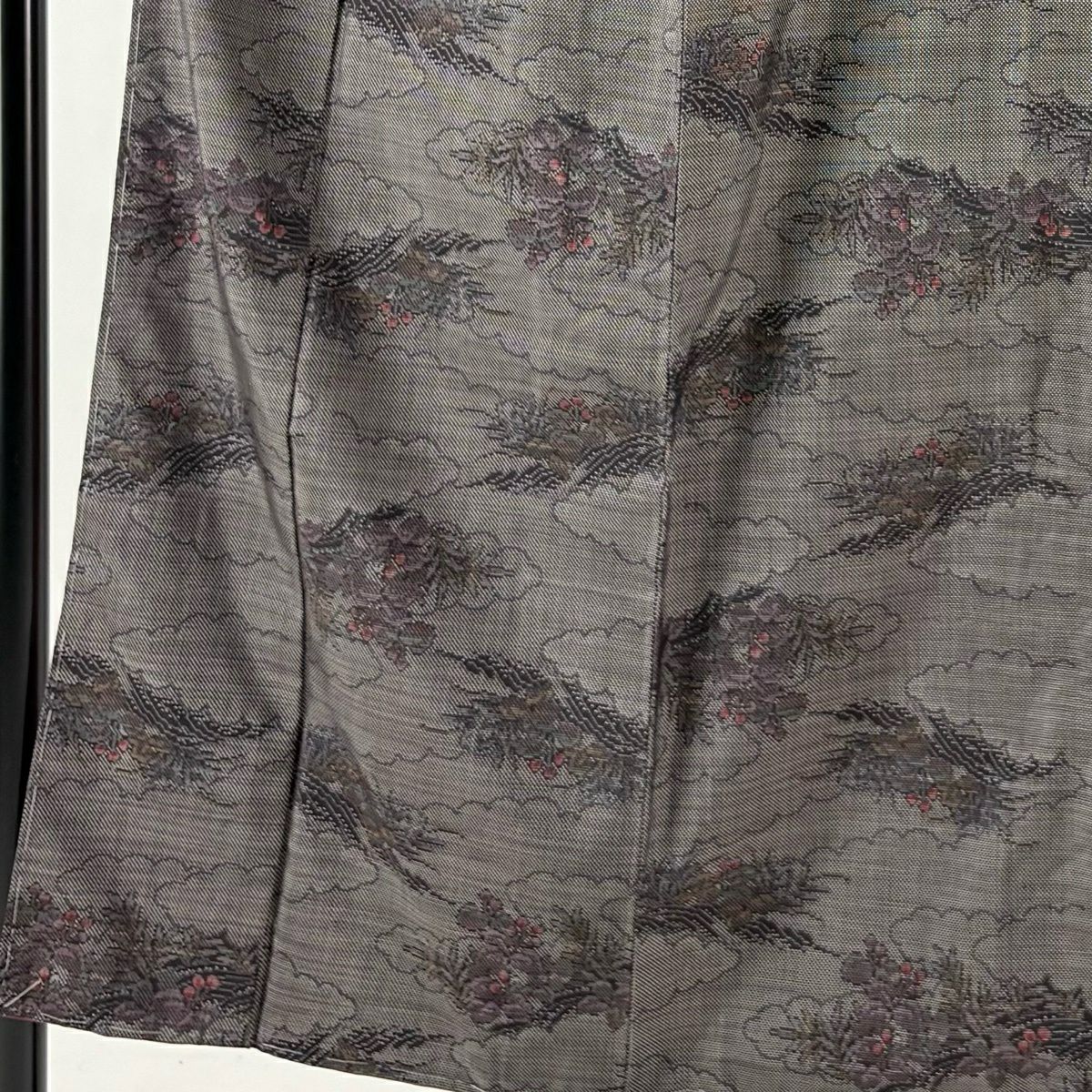 【美品】 大島紬織 身長152cm 袖長63.5cm S 雙層 證書附帶 草花紋紋 雲文 墨 黑 純蠶絲 秀品級
