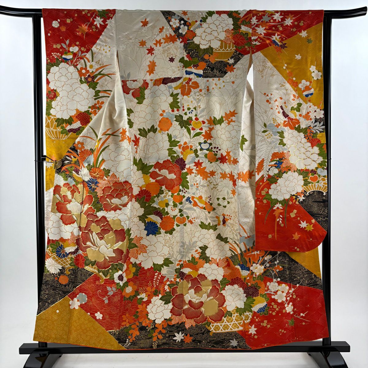 振袖禮服 身長155.5cm 袖長62.5cm S 雙層 花器 牡丹 金銀彩 金絲 橙色 純蠶絲 優品級