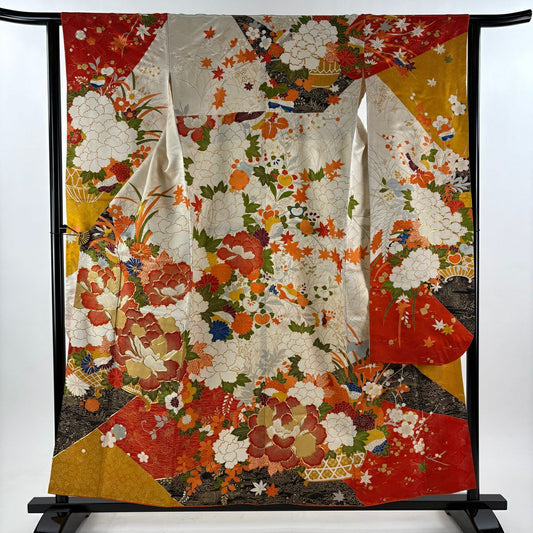 振袖禮服 身長155.5cm 袖長62.5cm S 雙層 花器 牡丹 金銀彩 金絲 橙色 純蠶絲 優品級