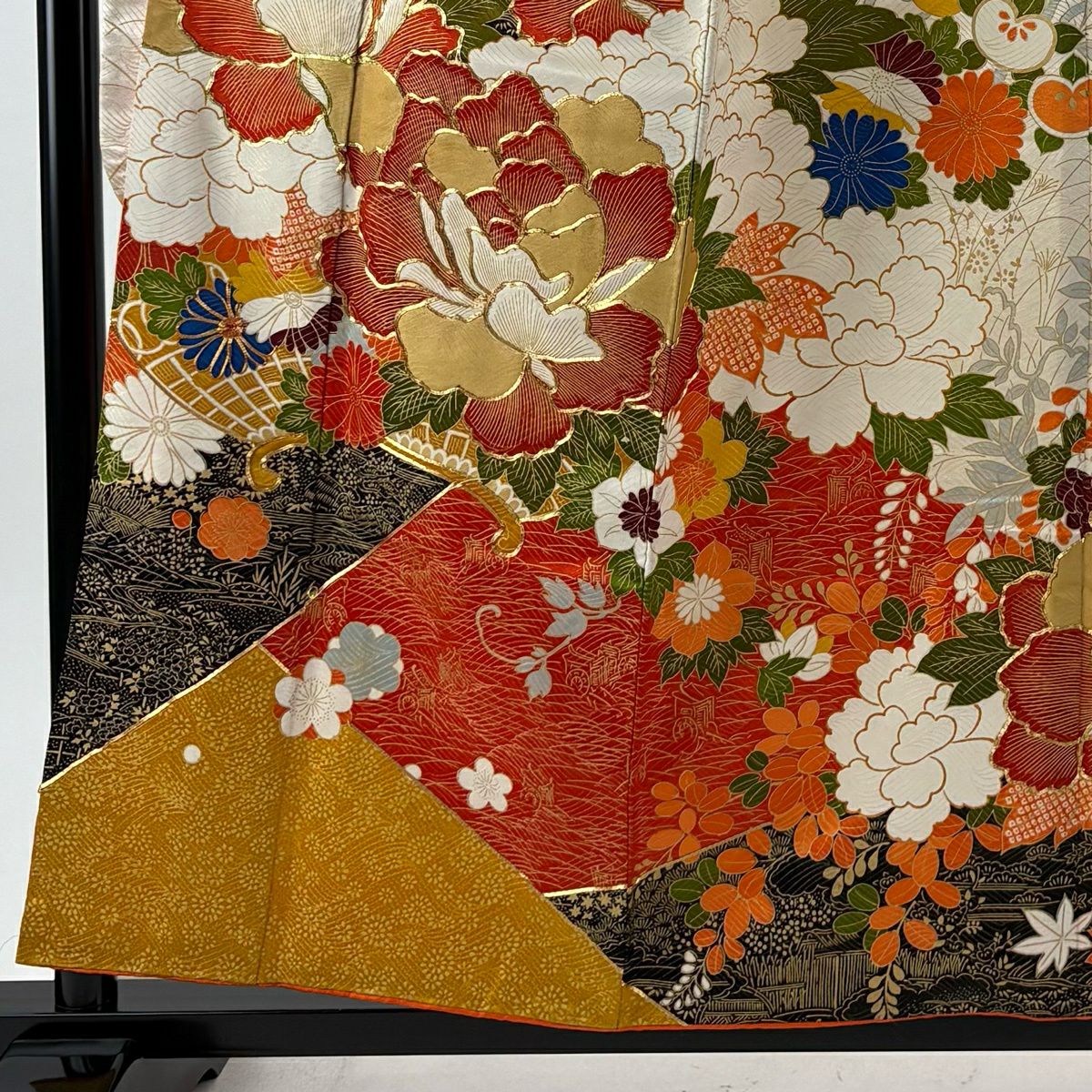 振袖禮服 身長155.5cm 袖長62.5cm S 雙層 花器 牡丹 金銀彩 金絲 橙色 純蠶絲 優品級