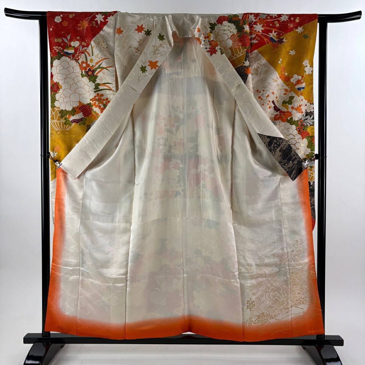 振袖禮服 身長155.5cm 袖長62.5cm S 雙層 花器 牡丹 金銀彩 金絲 橙色 純蠶絲 優品級