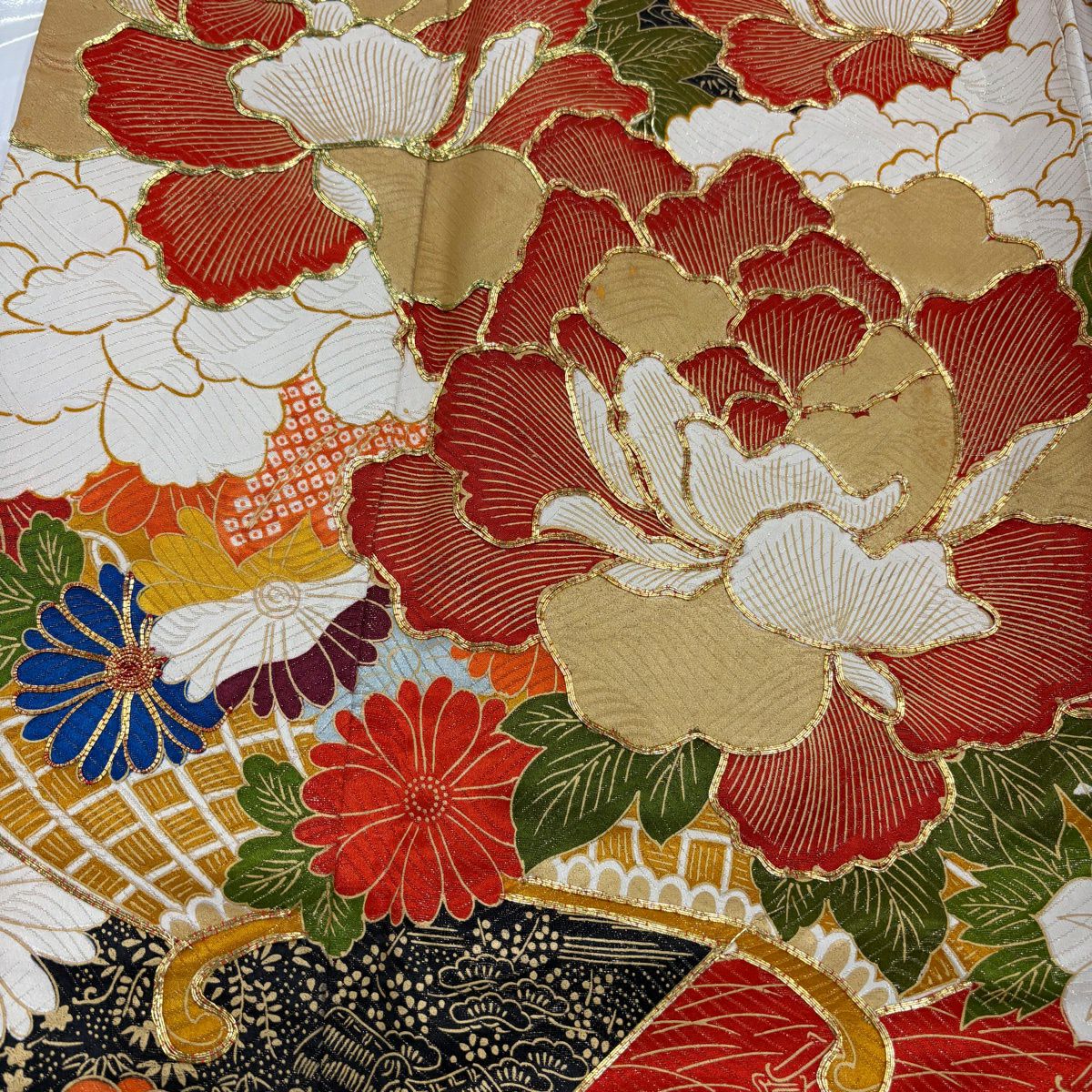 振袖禮服 身長155.5cm 袖長62.5cm S 雙層 花器 牡丹 金銀彩 金絲 橙色 純蠶絲 優品級
