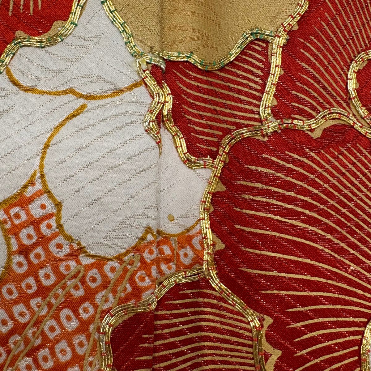 振袖禮服 身長155.5cm 袖長62.5cm S 雙層 花器 牡丹 金銀彩 金絲 橙色 純蠶絲 優品級