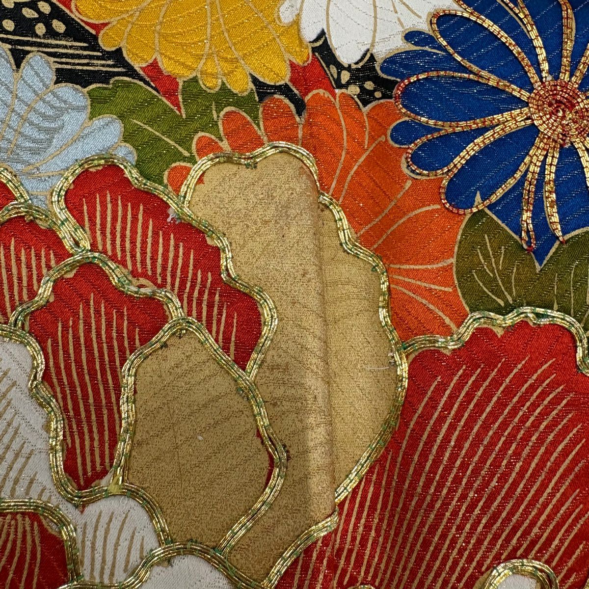 振袖禮服 身長155.5cm 袖長62.5cm S 雙層 花器 牡丹 金銀彩 金絲 橙色 純蠶絲 優品級