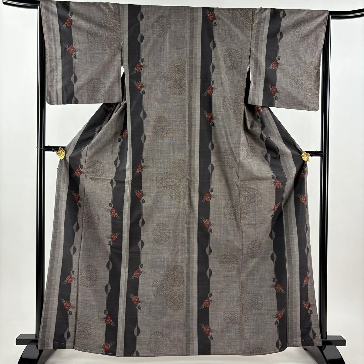 【美品】 紬織織 身長164.5cm 袖長68cm L 雙層 草花紋紋 縞紋 墨 黑 純蠶絲 秀品級