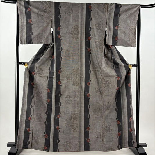 【美品】 紬織織 身長164.5cm 袖長68cm L 雙層 草花紋紋 縞紋 墨 黑 純蠶絲 秀品級