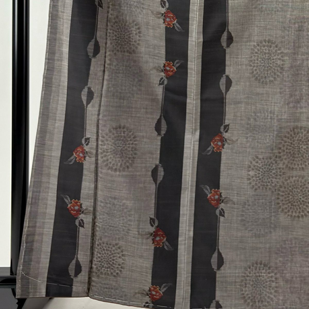 【美品】 紬織織 身長164.5cm 袖長68cm L 雙層 草花紋紋 縞紋 墨 黑 純蠶絲 秀品級