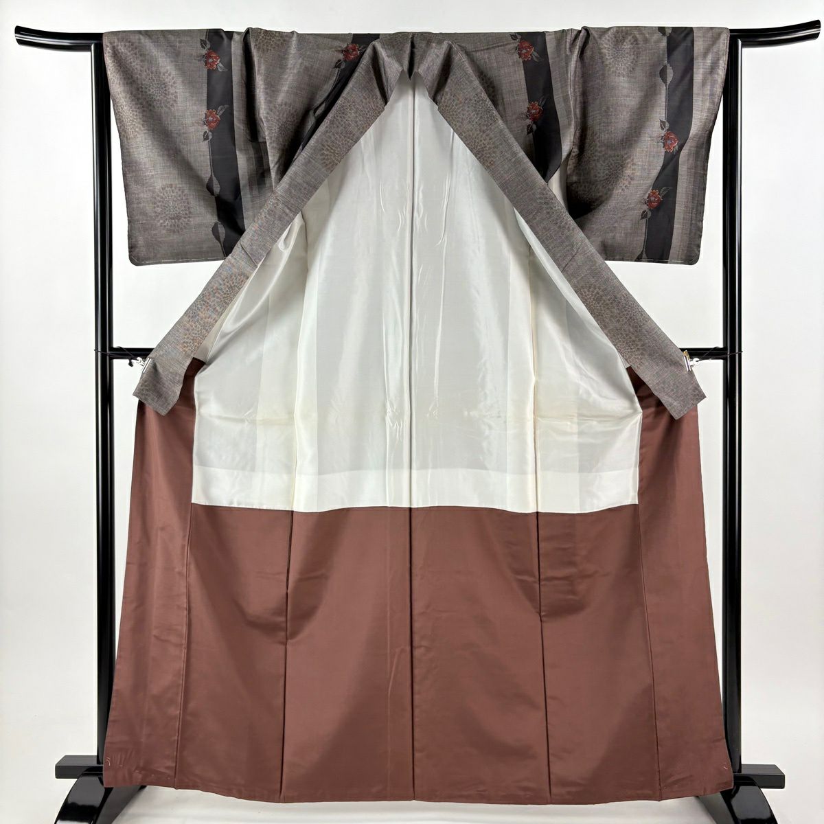 【美品】 紬織織 身長164.5cm 袖長68cm L 雙層 草花紋紋 縞紋 墨 黑 純蠶絲 秀品級
