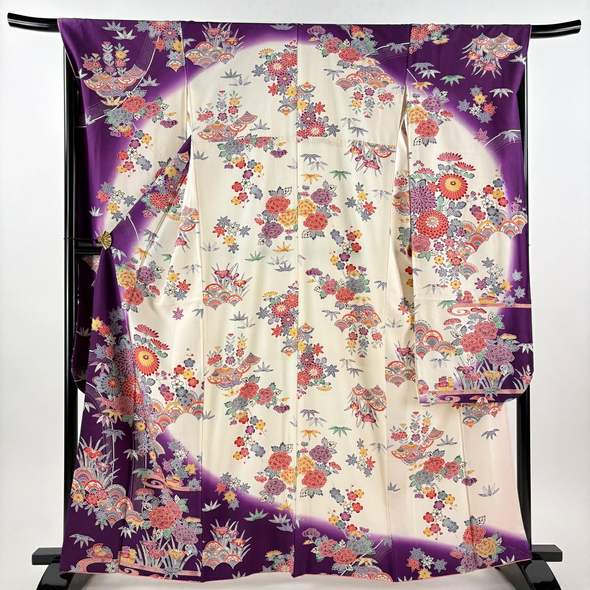 振袖禮服 身長163cm 袖長67.5cm L 雙層 菊花花 鴛鴦 染分 淡化 紫 純蠶絲 優品級
