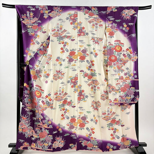 振袖禮服 身長163cm 袖長67.5cm L 雙層 菊花花 鴛鴦 染分 淡化 紫 純蠶絲 優品級