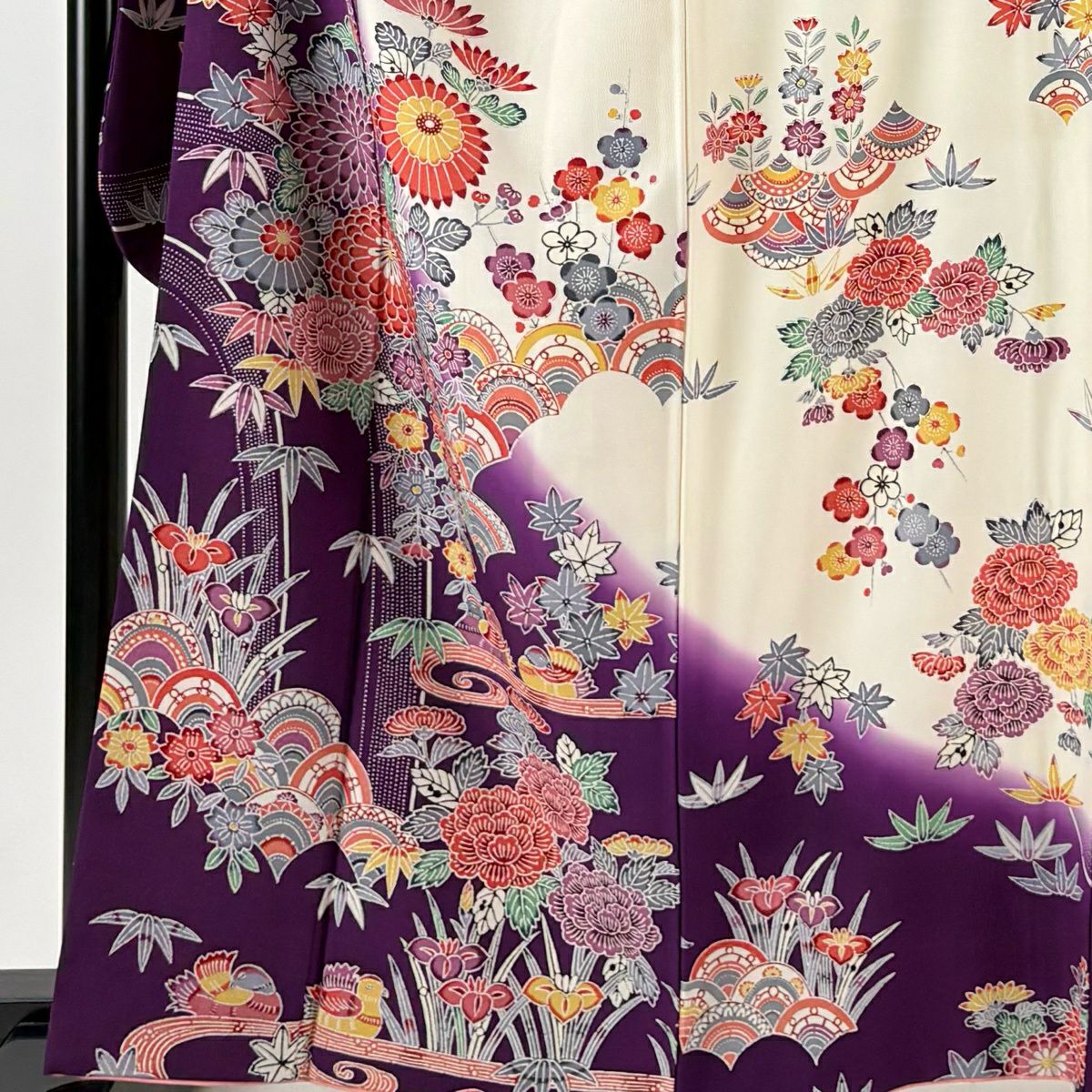 振袖禮服 身長163cm 袖長67.5cm L 雙層 菊花花 鴛鴦 染分 淡化 紫 純蠶絲 優品級