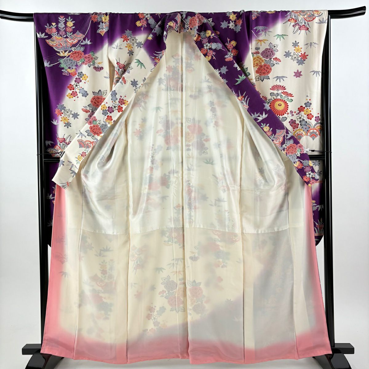 振袖禮服 身長163cm 袖長67.5cm L 雙層 菊花花 鴛鴦 染分 淡化 紫 純蠶絲 優品級