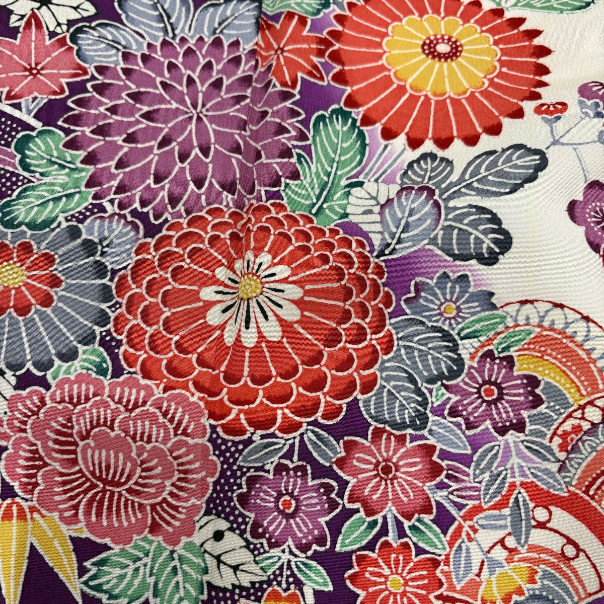 振袖禮服 身長163cm 袖長67.5cm L 雙層 菊花花 鴛鴦 染分 淡化 紫 純蠶絲 優品級