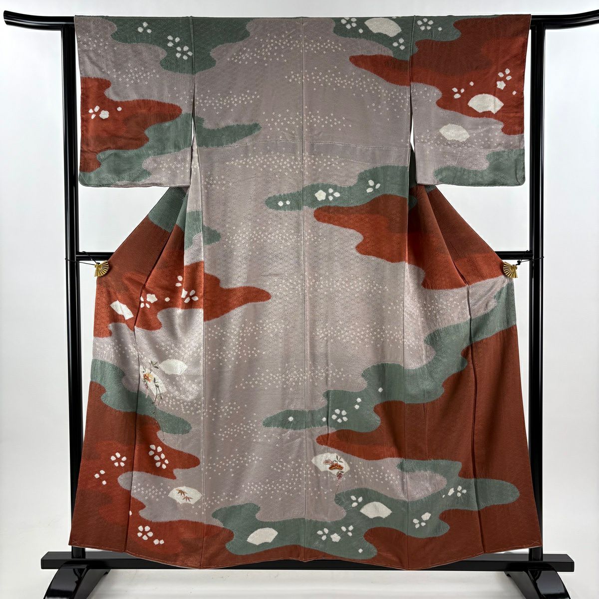 【美品】訪問服 身長155cm 袖長62cm S 雙層 扇子面 松樹 刺繡 金糸 灰紫 純蠶絲 秀品級