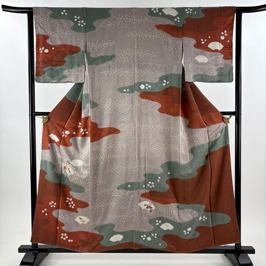 【美品】訪問服 身長155cm 袖長62cm S 雙層 扇子面 松樹 刺繡 金糸 灰紫 純蠶絲 秀品級