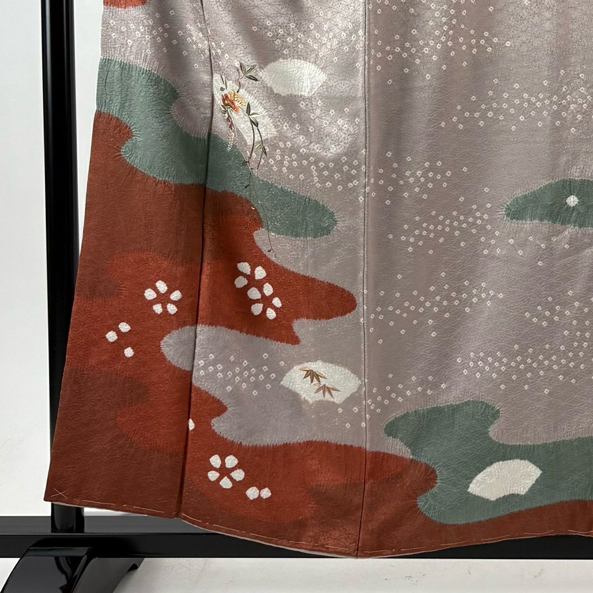 【美品】訪問服 身長155cm 袖長62cm S 雙層 扇子面 松樹 刺繡 金糸 灰紫 純蠶絲 秀品級