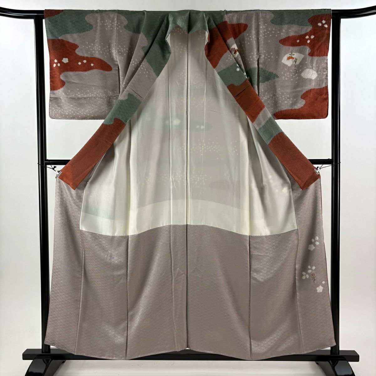 【美品】訪問服 身長155cm 袖長62cm S 雙層 扇子面 松樹 刺繡 金糸 灰紫 純蠶絲 秀品級