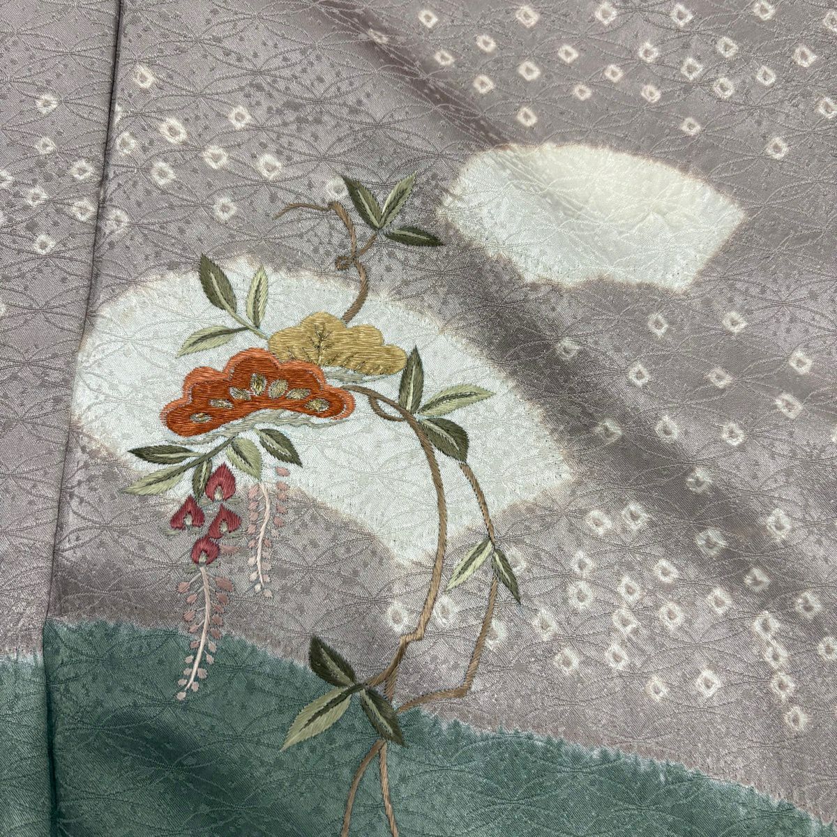 【美品】訪問服 身長155cm 袖長62cm S 雙層 扇子面 松樹 刺繡 金糸 灰紫 純蠶絲 秀品級