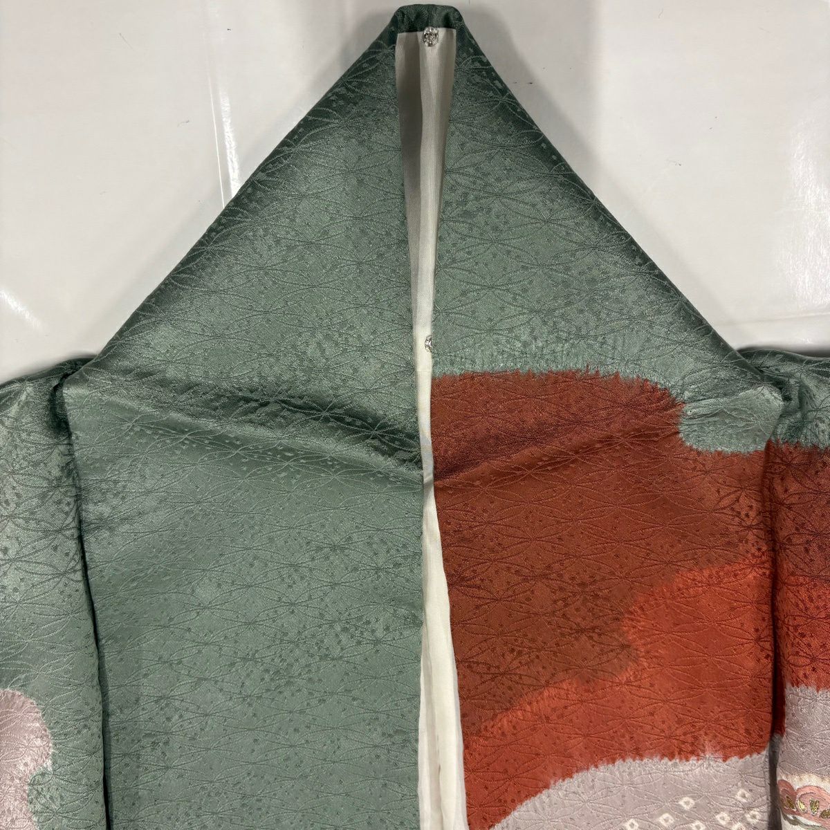 【美品】訪問服 身長155cm 袖長62cm S 雙層 扇子面 松樹 刺繡 金糸 灰紫 純蠶絲 秀品級