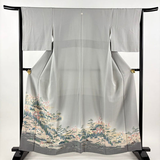 色留袖禮服 身長161.5cm 袖長63.5cm S 雙層 家屋 草花紋紋 染分 逐漸變化 灰色 純蠶絲 優品級 一個紋