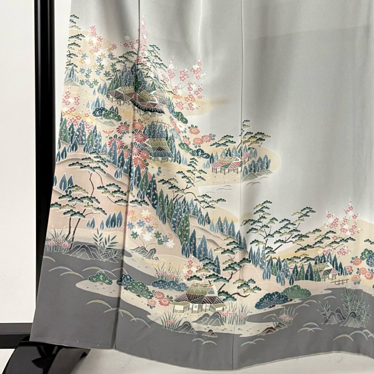 色留袖禮服 身長161.5cm 袖長63.5cm S 雙層 家屋 草花紋紋 染分 逐漸變化 灰色 純蠶絲 優品級 一個紋