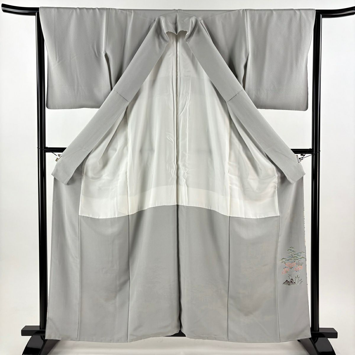色留袖禮服 身長161.5cm 袖長63.5cm S 雙層 家屋 草花紋紋 染分 逐漸變化 灰色 純蠶絲 優品級 一個紋