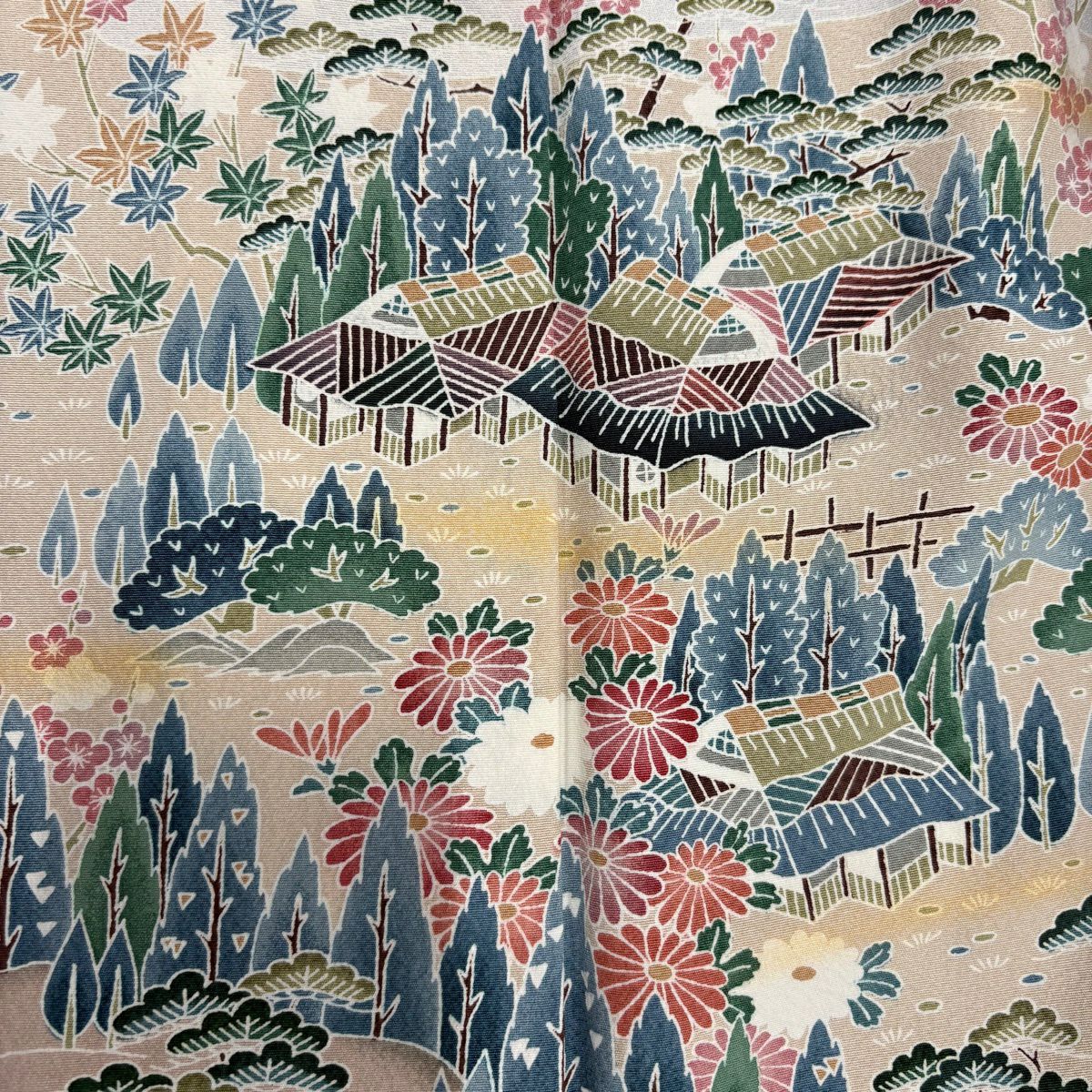 色留袖禮服 身長161.5cm 袖長63.5cm S 雙層 家屋 草花紋紋 染分 逐漸變化 灰色 純蠶絲 優品級 一個紋