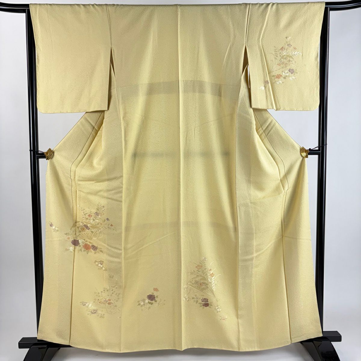 【美品】 付下 身長161cm 袖長65cm M 雙層 扇子 草花紋 金糸 刺繡 淺黃 純蠶絲 秀品級
