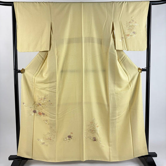 【美品】 付下 身長161cm 袖長65cm M 雙層 扇子 草花紋 金糸 刺繡 淺黃 純蠶絲 秀品級