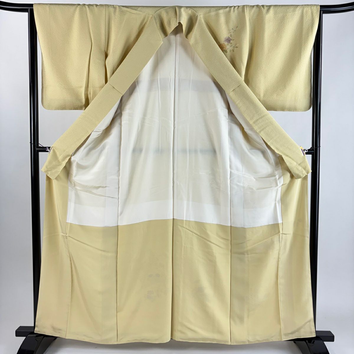 【美品】 付下 身長161cm 袖長65cm M 雙層 扇子 草花紋 金糸 刺繡 淺黃 純蠶絲 秀品級