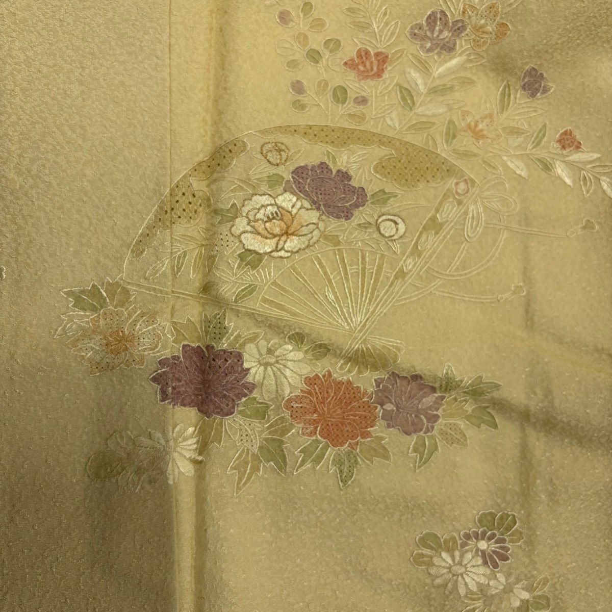 【美品】 付下 身長161cm 袖長65cm M 雙層 扇子 草花紋 金糸 刺繡 淺黃 純蠶絲 秀品級