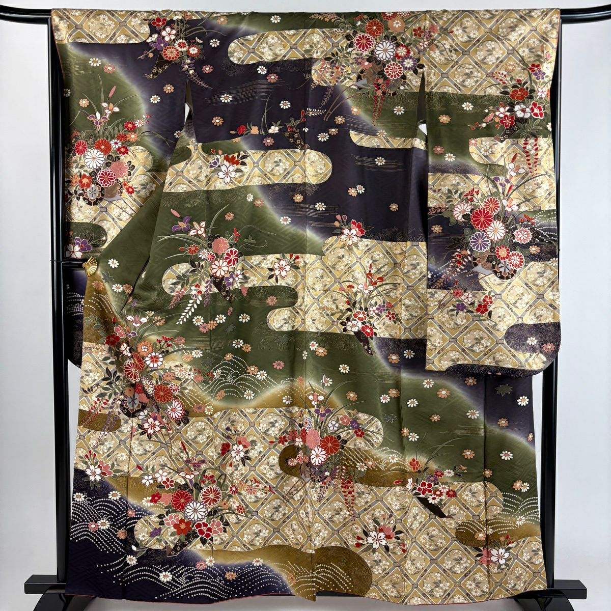 振袖禮服 身長159.5cm 袖長65.5cm M 雙層 花車 格天井 金絲 金銀彩 深綠 純蠶絲 秀品級