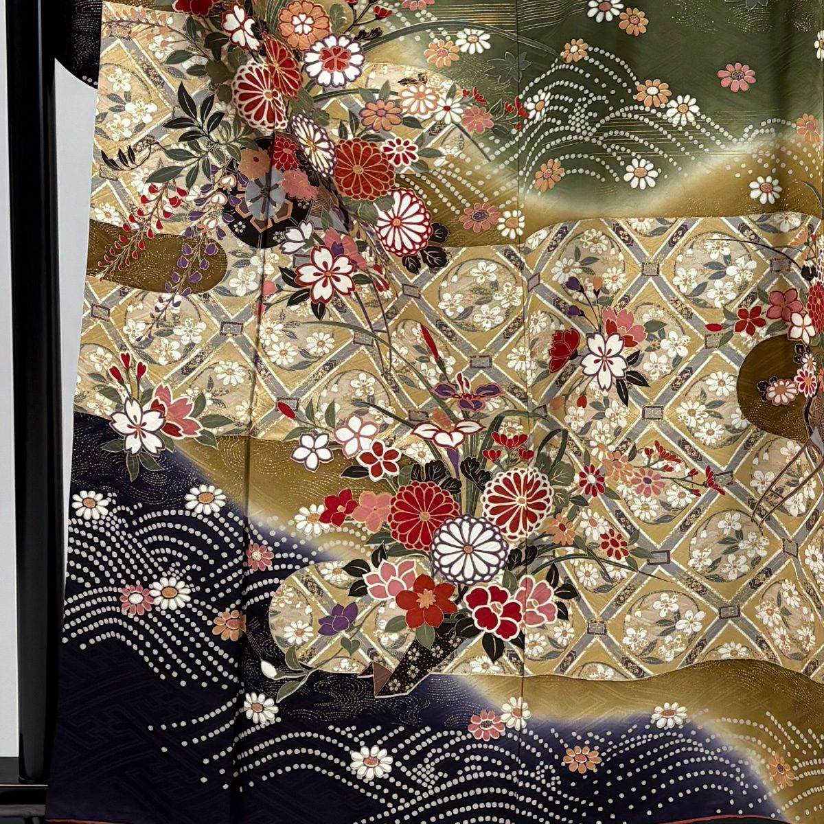 振袖禮服 身長159.5cm 袖長65.5cm M 雙層 花車 格天井 金絲 金銀彩 深綠 純蠶絲 秀品級
