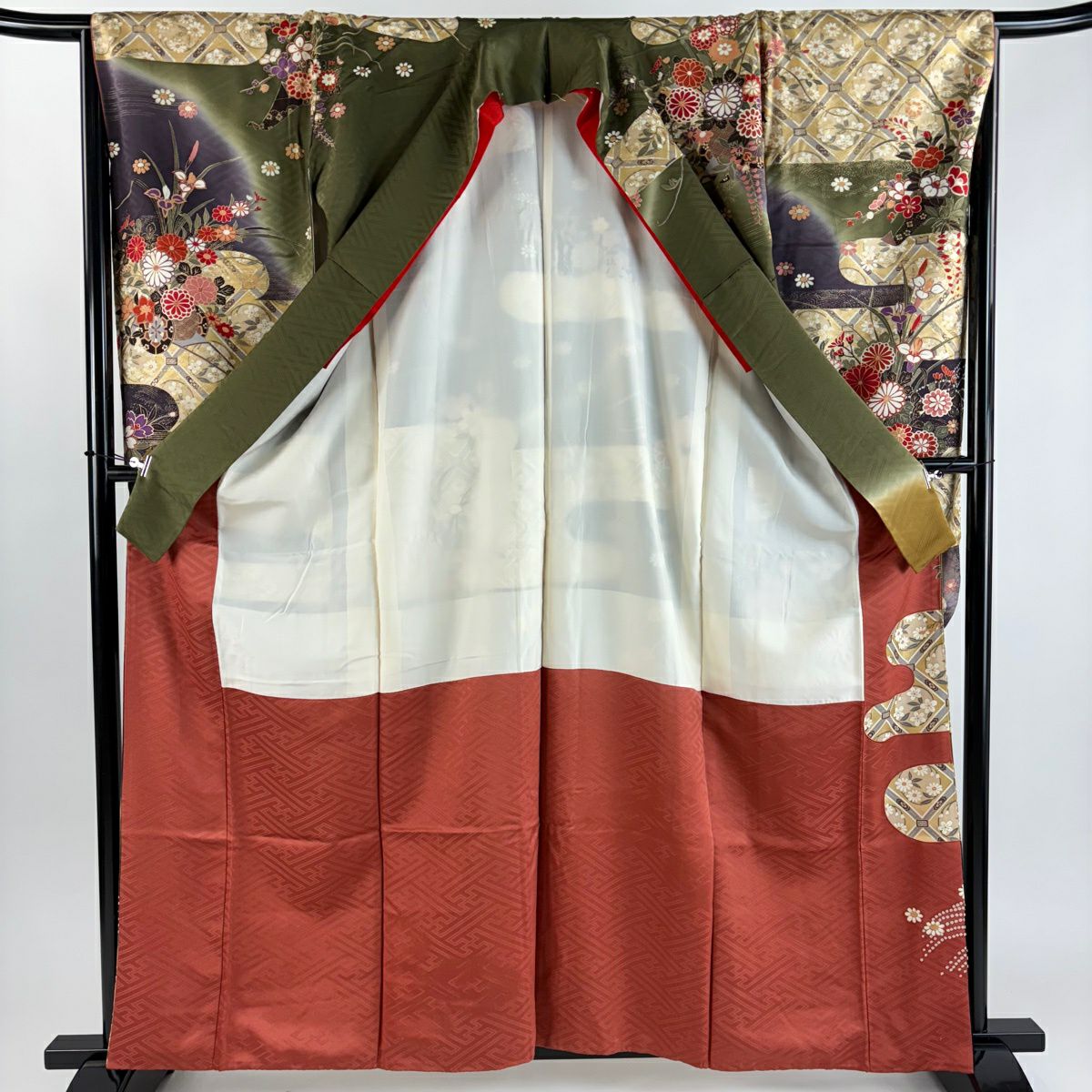 振袖禮服 身長159.5cm 袖長65.5cm M 雙層 花車 格天井 金絲 金銀彩 深綠 純蠶絲 秀品級