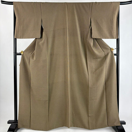 【美品】 小紋 身長165cm 袖長68cm L 雙層 格子 茶綠 純蠶絲 秀品級