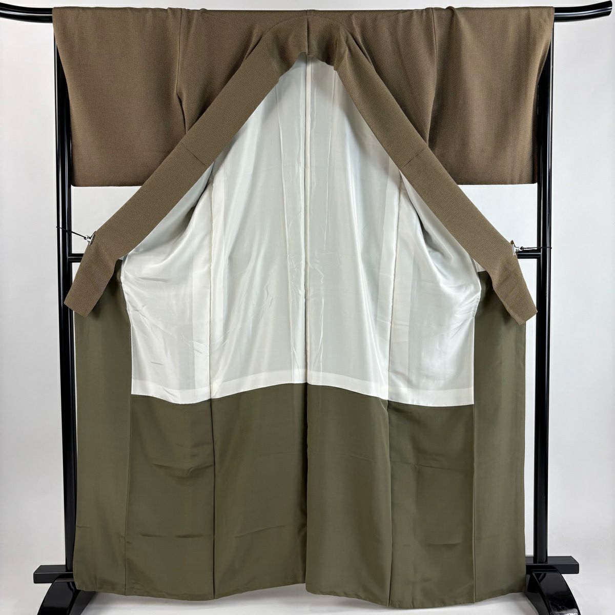 【美品】 小紋 身長165cm 袖長68cm L 雙層 格子 茶綠 純蠶絲 秀品級