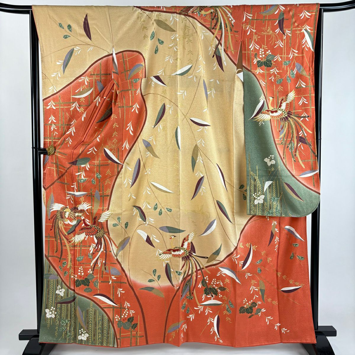 【美品】振袖禮服 身長163cm 袖長64cm M 雙層 尾長鳥 桐 金銀彩 染分 鮭粉色 純蠶絲 秀品級