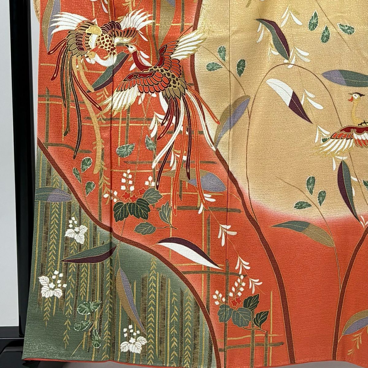 【美品】振袖禮服 身長163cm 袖長64cm M 雙層 尾長鳥 桐 金銀彩 染分 鮭粉色 純蠶絲 秀品級