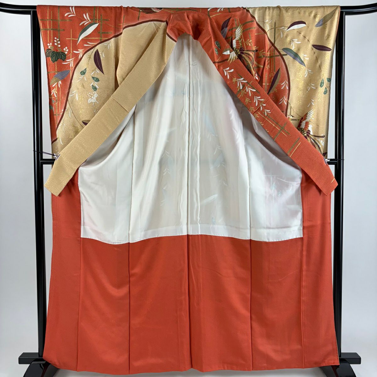 【美品】振袖禮服 身長163cm 袖長64cm M 雙層 尾長鳥 桐 金銀彩 染分 鮭粉色 純蠶絲 秀品級
