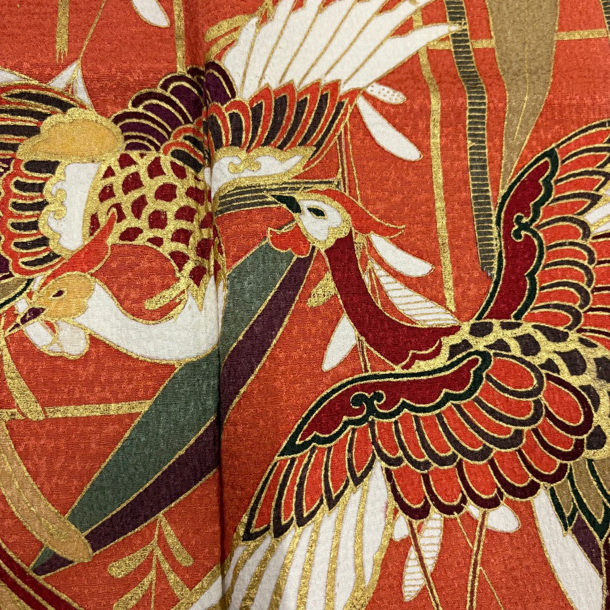 【美品】振袖禮服 身長163cm 袖長64cm M 雙層 尾長鳥 桐 金銀彩 染分 鮭粉色 純蠶絲 秀品級