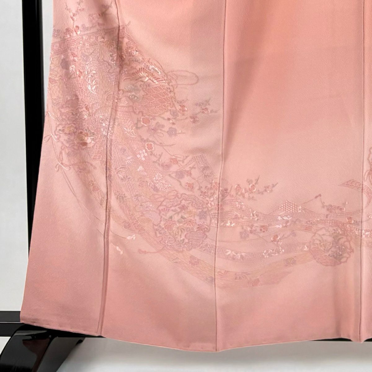 【美品】 付下 身長161cm 袖長64.5cm M 雙層 雪輪 草花紋刺繡 漸層 粉紅 純蠶絲 優品級