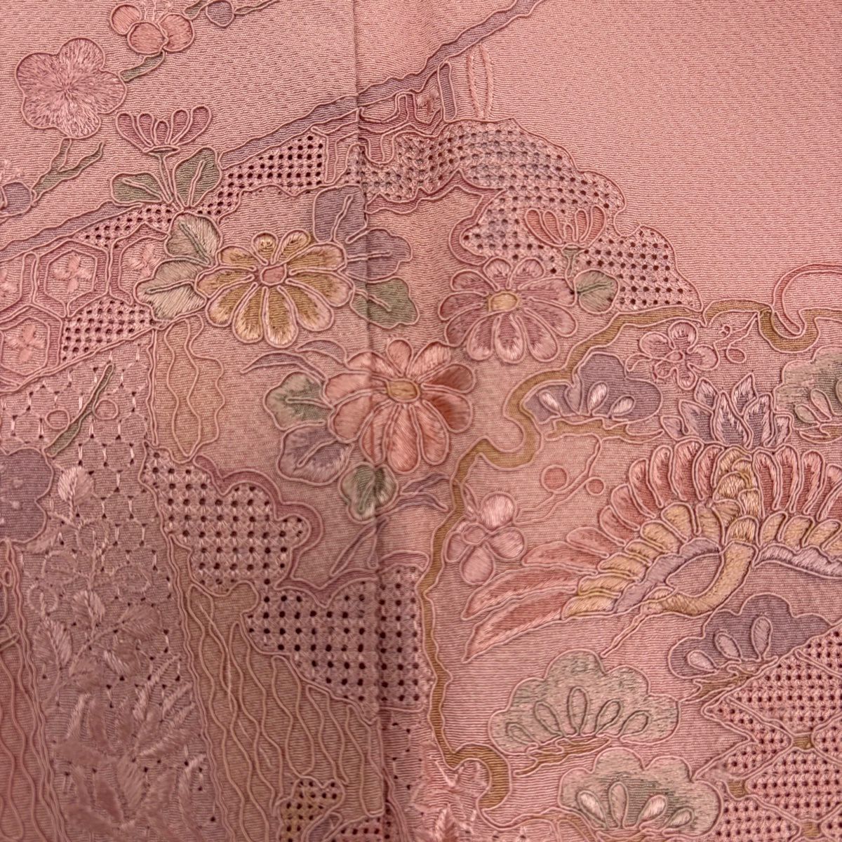 【美品】 付下 身長161cm 袖長64.5cm M 雙層 雪輪 草花紋刺繡 漸層 粉紅 純蠶絲 優品級