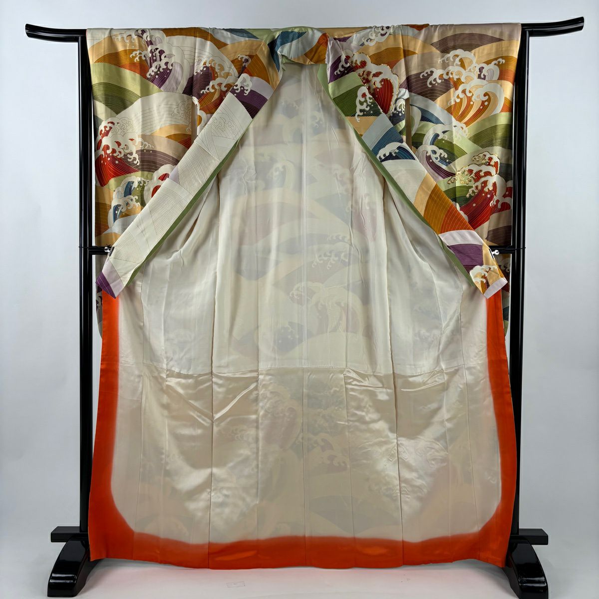 振袖禮服 身長167cm 袖長65cm M 雙層 波頭 金絲 金銀彩 米色 純蠶絲 優品級