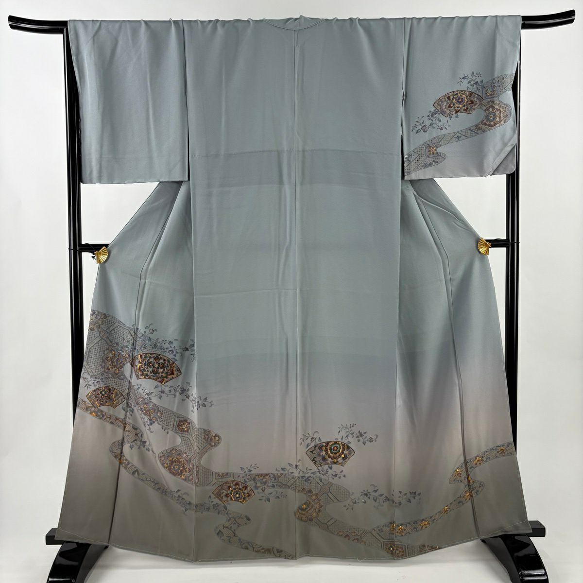 訪問服 身長162.5cm 袖長66.5cm M 雙層 大和 扇子面 華紋 刺繡 金絲 青灰色 純蠶絲 秀品級