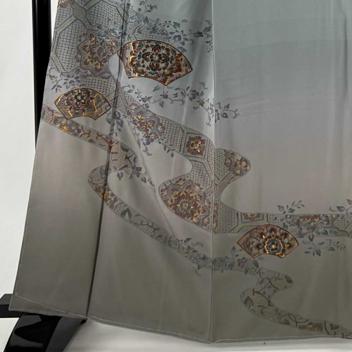 訪問服 身長162.5cm 袖長66.5cm M 雙層 大和 扇子面 華紋 刺繡 金絲 青灰色 純蠶絲 秀品級